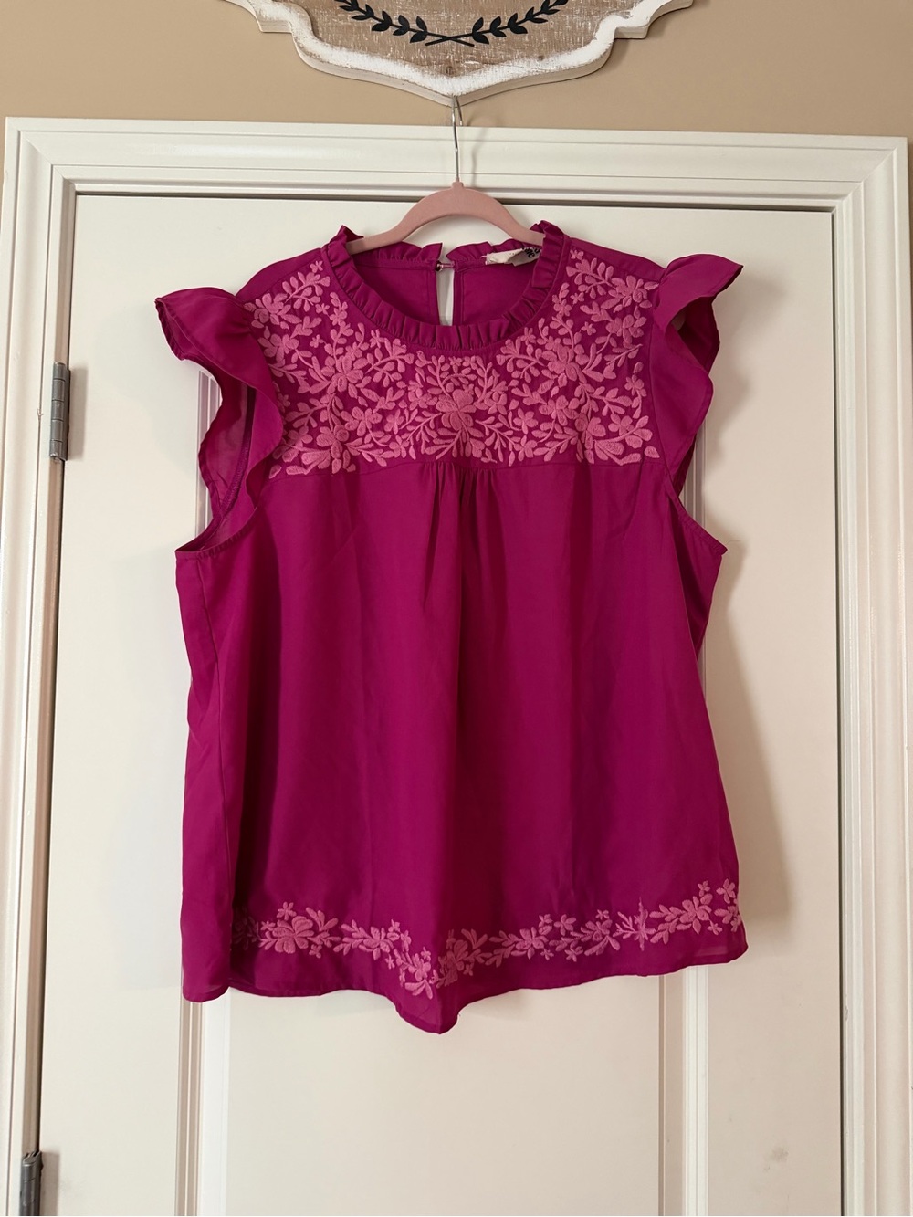Savannah Fuchsia Pink Embroidered Flutter Sleeve Top